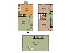 Oakwood 2 Bedroom townhome floor plan 2D