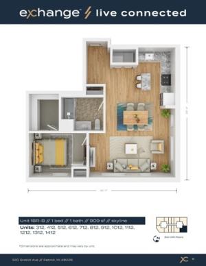 1 Bedroom B - 909 sq.ft.