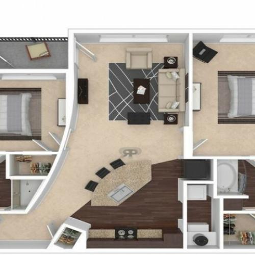 B1 Floorplan: 2 Bedroom, 2 Bathroom, 1101sqft