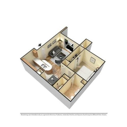 Furnished 3D 1-Bedroom Floor plan Image