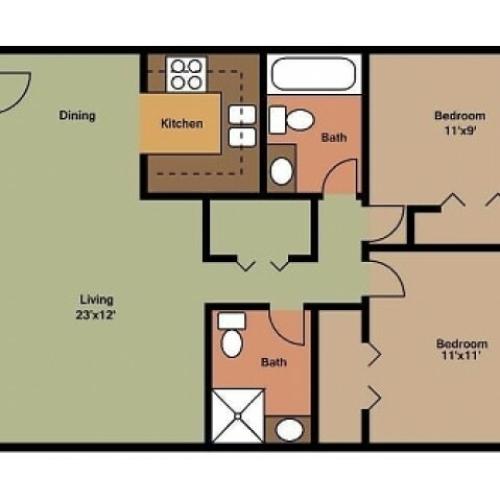 2 Bedroom, 2 Bathroom 2D Floorplan