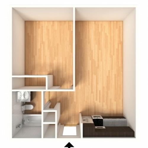 1x1A Floorplan: 1 Bedroom, 1 Bathroom; 488sqft