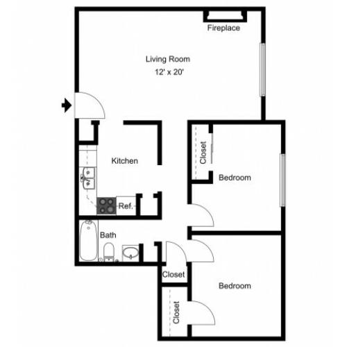 B1 Floorplan: 2 Bedroom, 1 Bathroom - 850 sqft