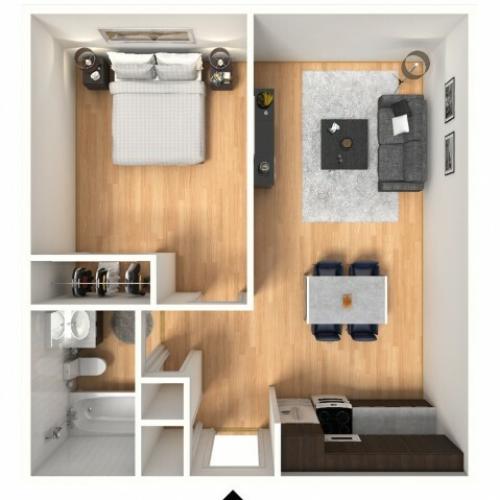 1x1A Floorplan: 1 Bedroom, 1 Bathroom; 488sqft