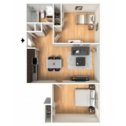 2x1A Floorplan: 2 Bedroom, 1 Bathroom; 656sqft