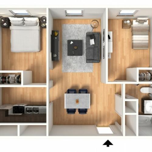 2X1B Floorplan: 2 Bedroom, 1 Bathroom; 776 sqft