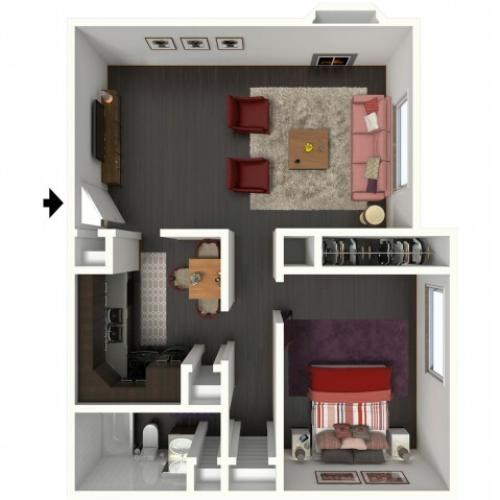 A1 Floorplan: 1 Bedroom, 1 Bathroom - 750 sqft