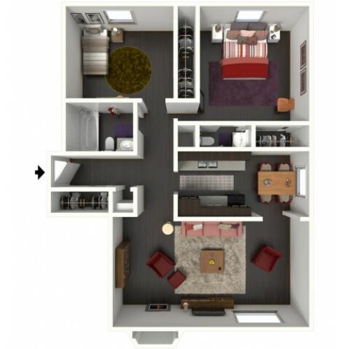 B1.5A Floorplan: 2 Bedroom, 1.5 Bathroom - 850 sqft.