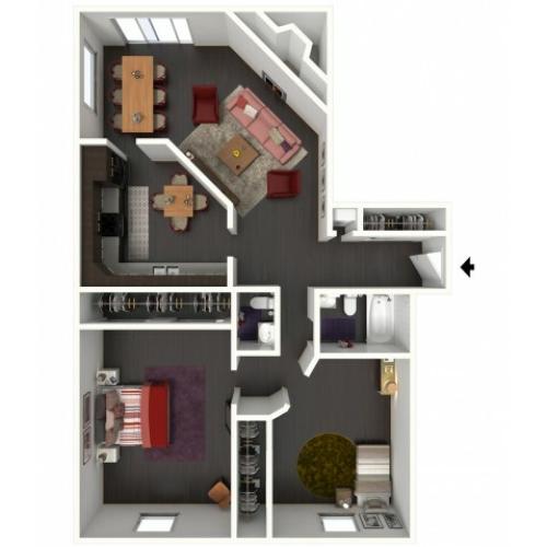 B1.5B Floorplan: 2 Bedroom, 1.5 Bathroom - 1134sqft.