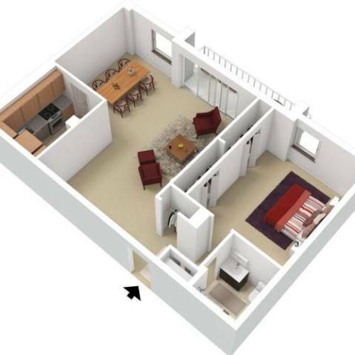 3D One Bed Floor Plan Tier 4 with Furniture