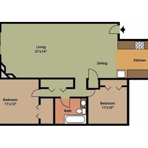 Pebblecreek 2 bedroom, 1 Bathroom Floor Plan