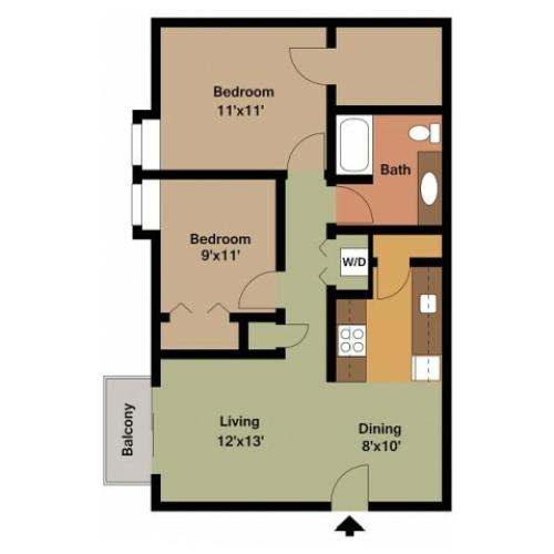 Harvard 2 bedroom, 1 bath floor plan 2D