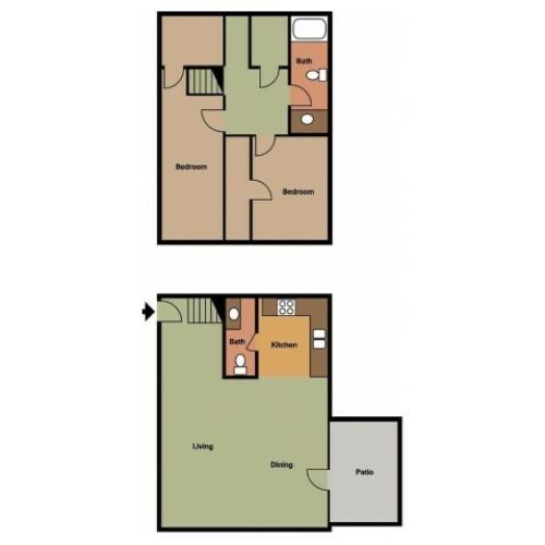 Dryden Place 2 bedroom, 1.5 bathroom townhome floor plan