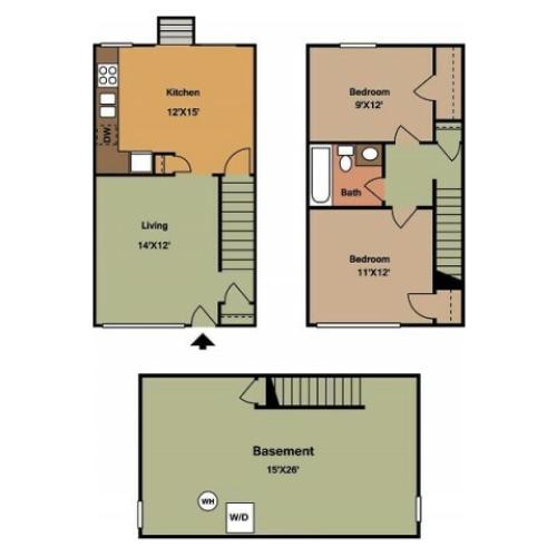 Oakwood 2 Bedroom townhome floor plan 2D