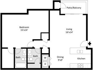 Willow Creek 1 Bedroom, 1.5 Bathroom Floor Plan 2D