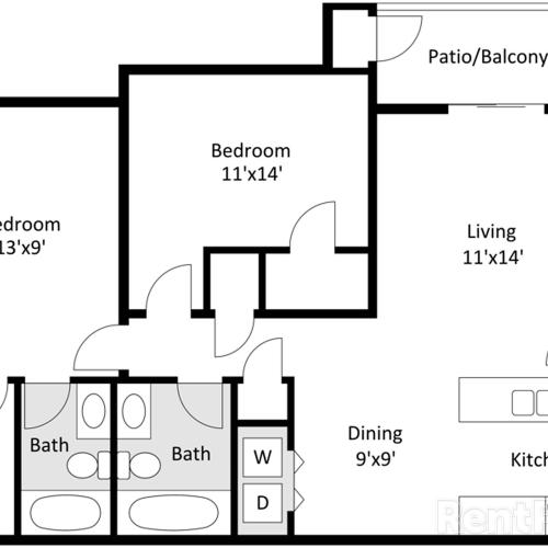Willow Creek 2 Bedroom, 2 Bathroom Floor Plan 3D